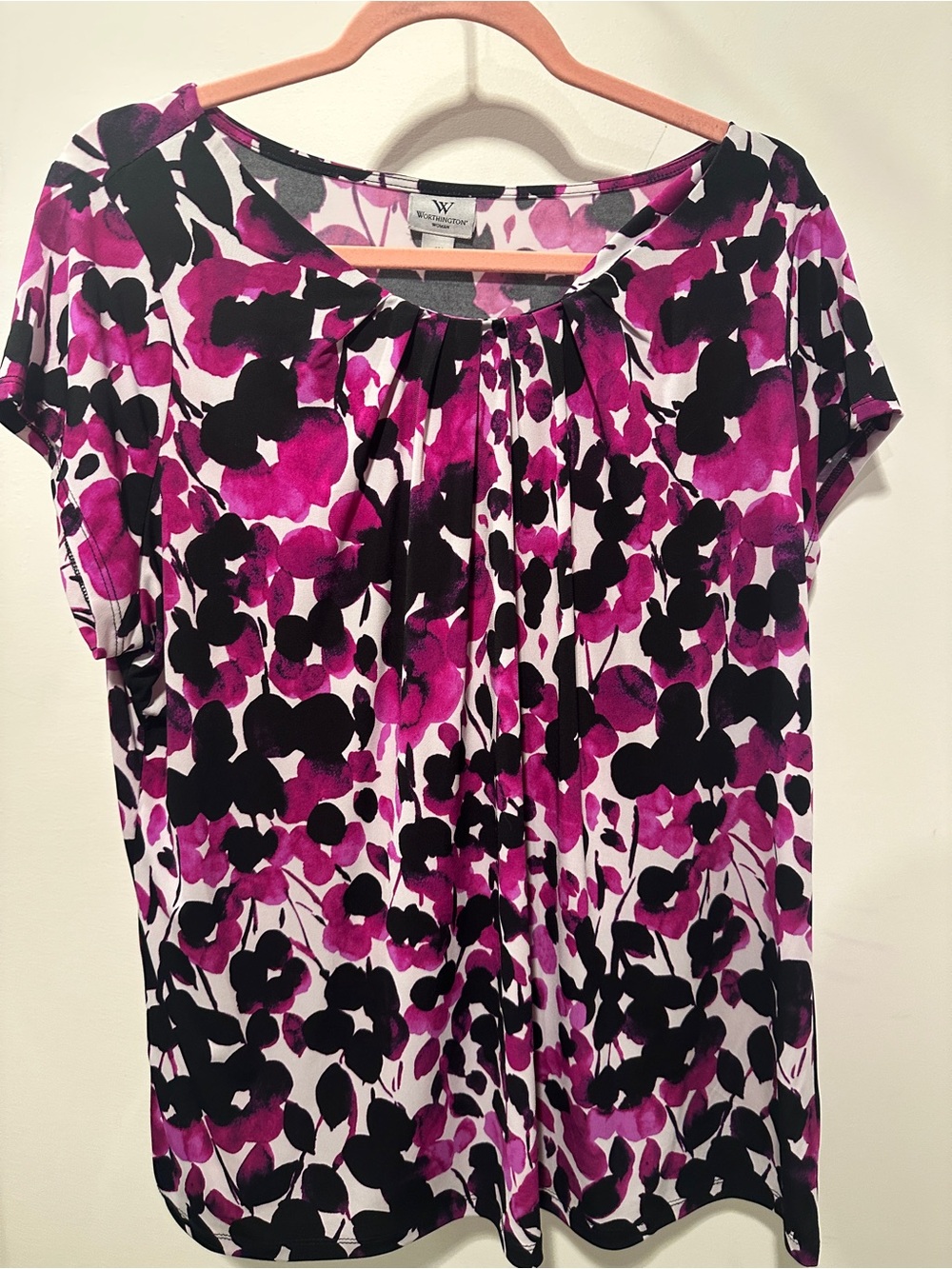 Worthington Purple and Black Floral Short Sleeve Blouse 1X